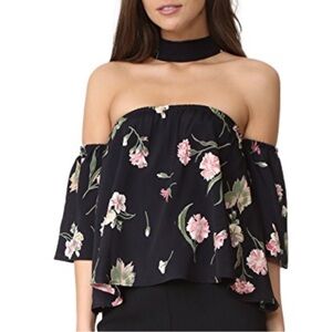 Flynn Skye Black Floral Off-Shoulder Top Choker Neck & Flutter Sleeves Large